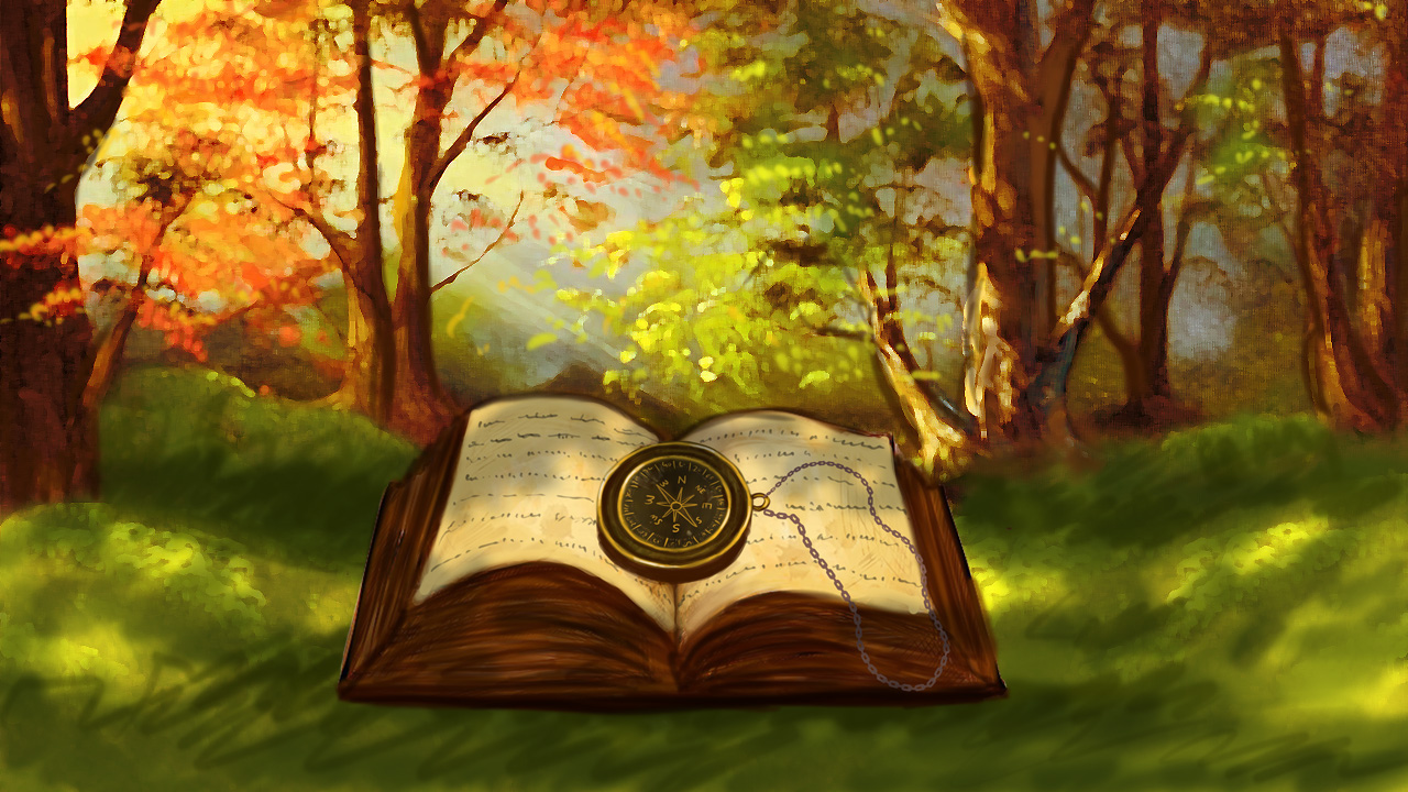 book, compass, forest